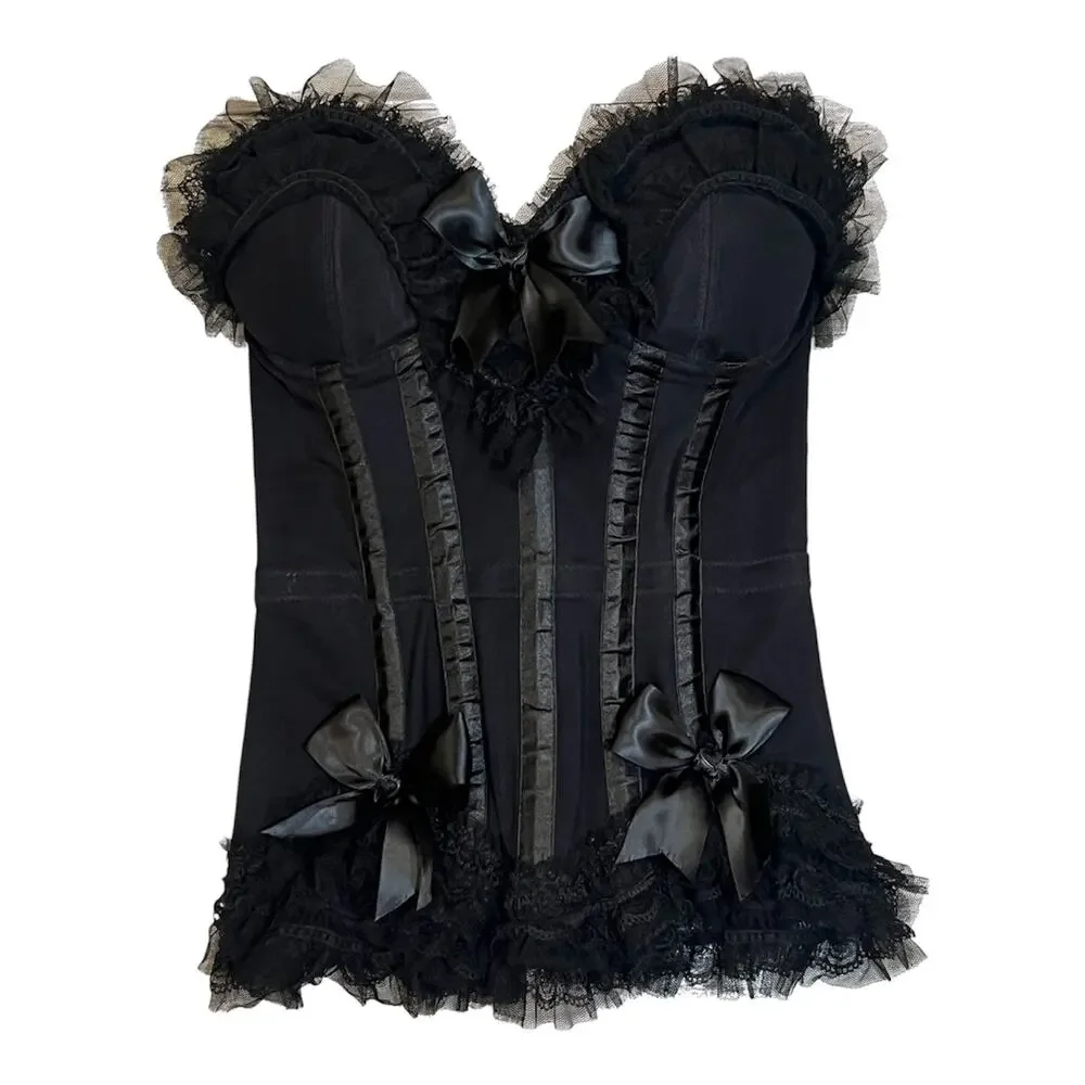 Vintage Trashy Lingerie Black Gothic Bustier Satin Bow Lace Corset Made in USA - Picture 9 of 15